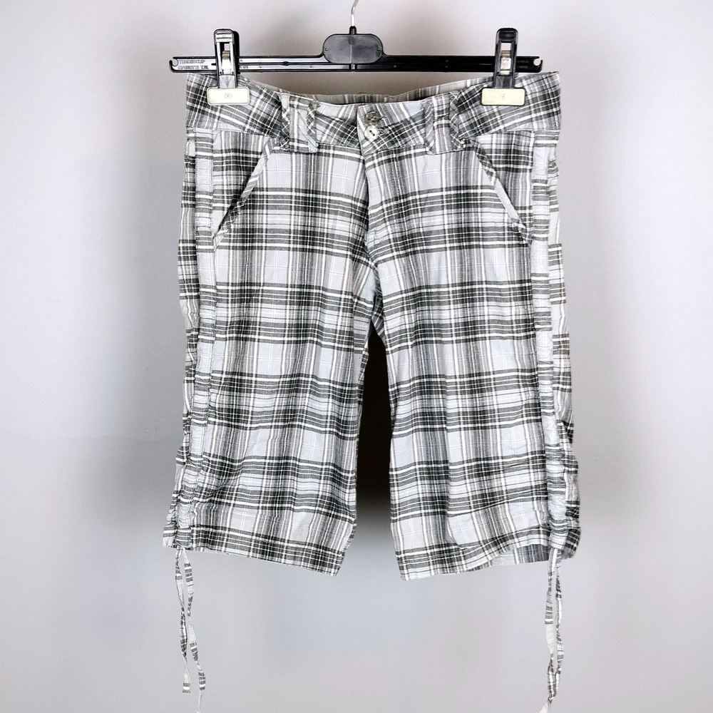 Y2K Nitrogen‎ Plaid Cotton Stretch Bermuda Cargo Shorts Size 27 Gray Ruched Side